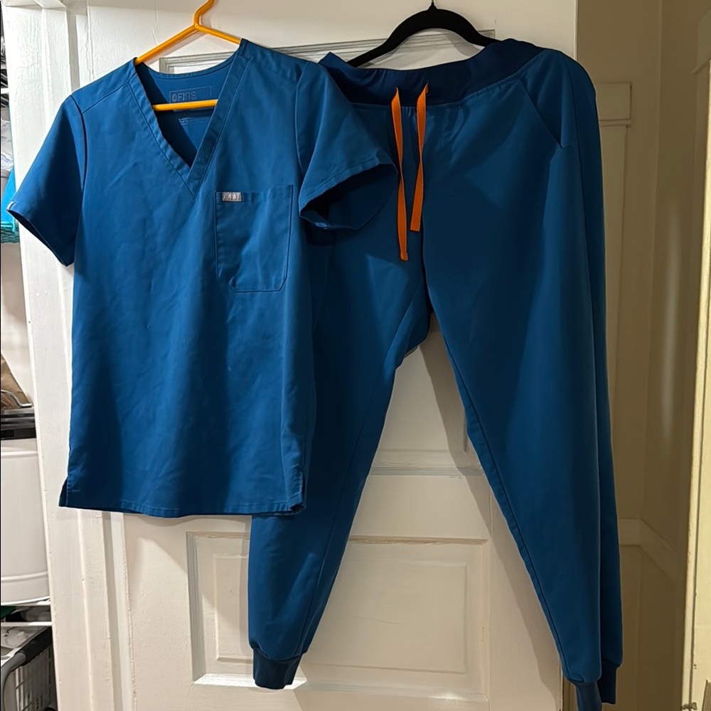 Figs Lagoon Blue Scrub Set with Orange Drawstrings